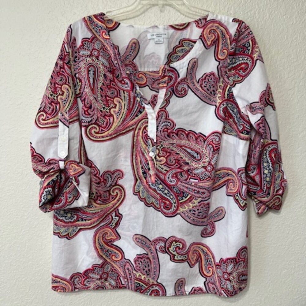 Liz Claiborne Plus Size 1X Vibrant Pink & Red Whimsical Paisley Print Blouse